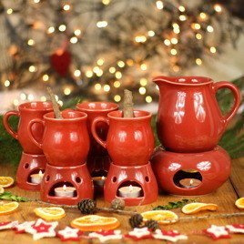 Zestaw do grzańca - dzbanek z podgrzewaczem, cztery kubki z podgrzewaczami oraz pudełko prezentowe